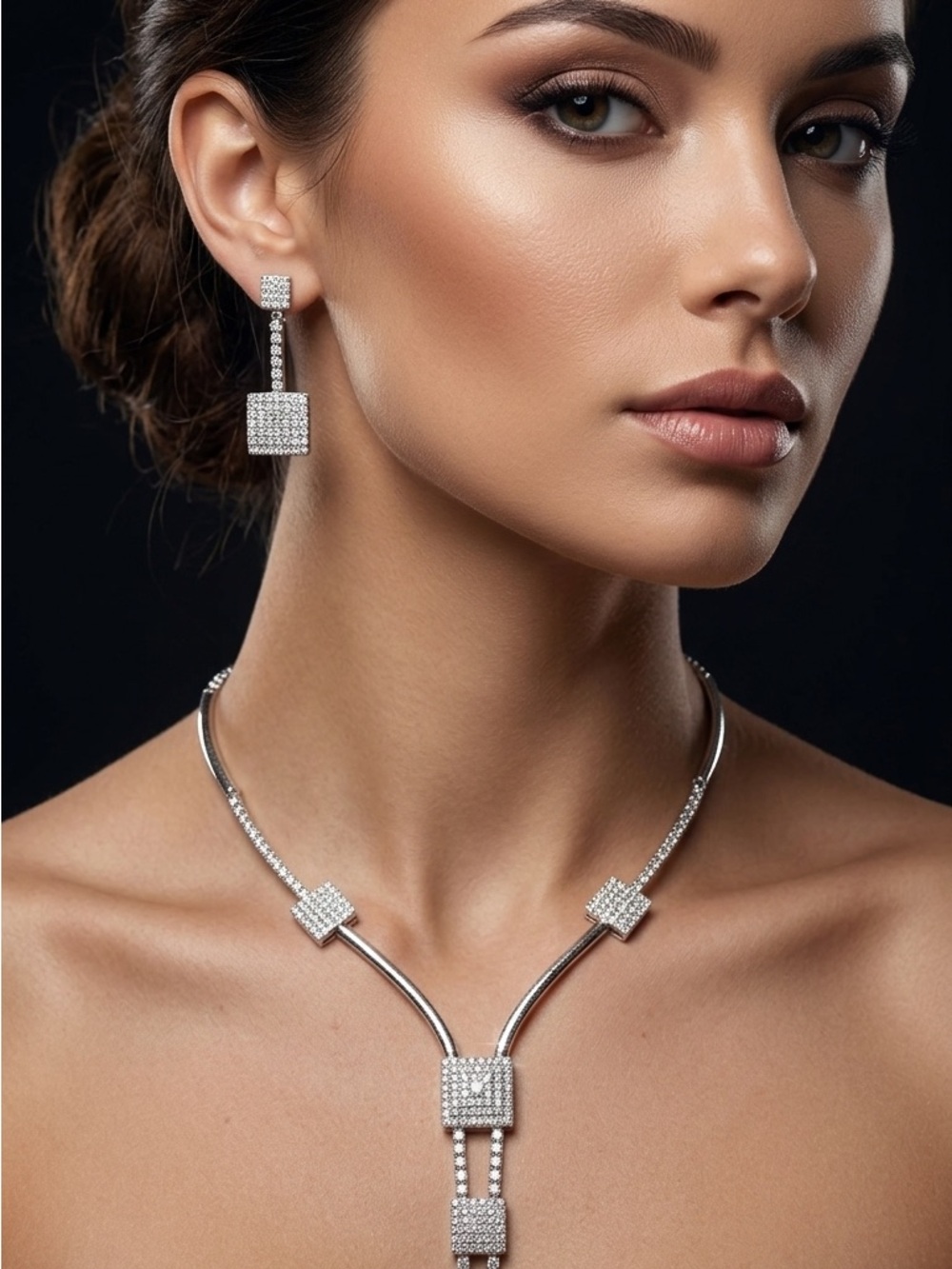 18k Gold Plated American Diamonds (Zirconia) Square Drop Necklace&Earrings Set